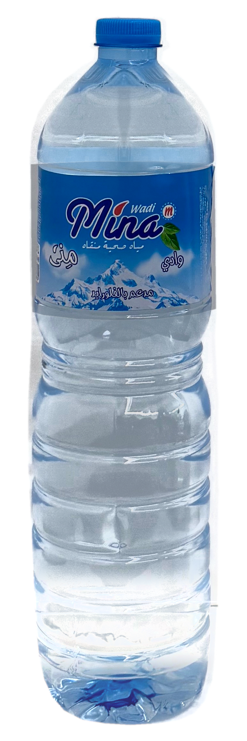 صورة أمامية حقيقية لعبوة مياه مينا سعة 1.5 لتر